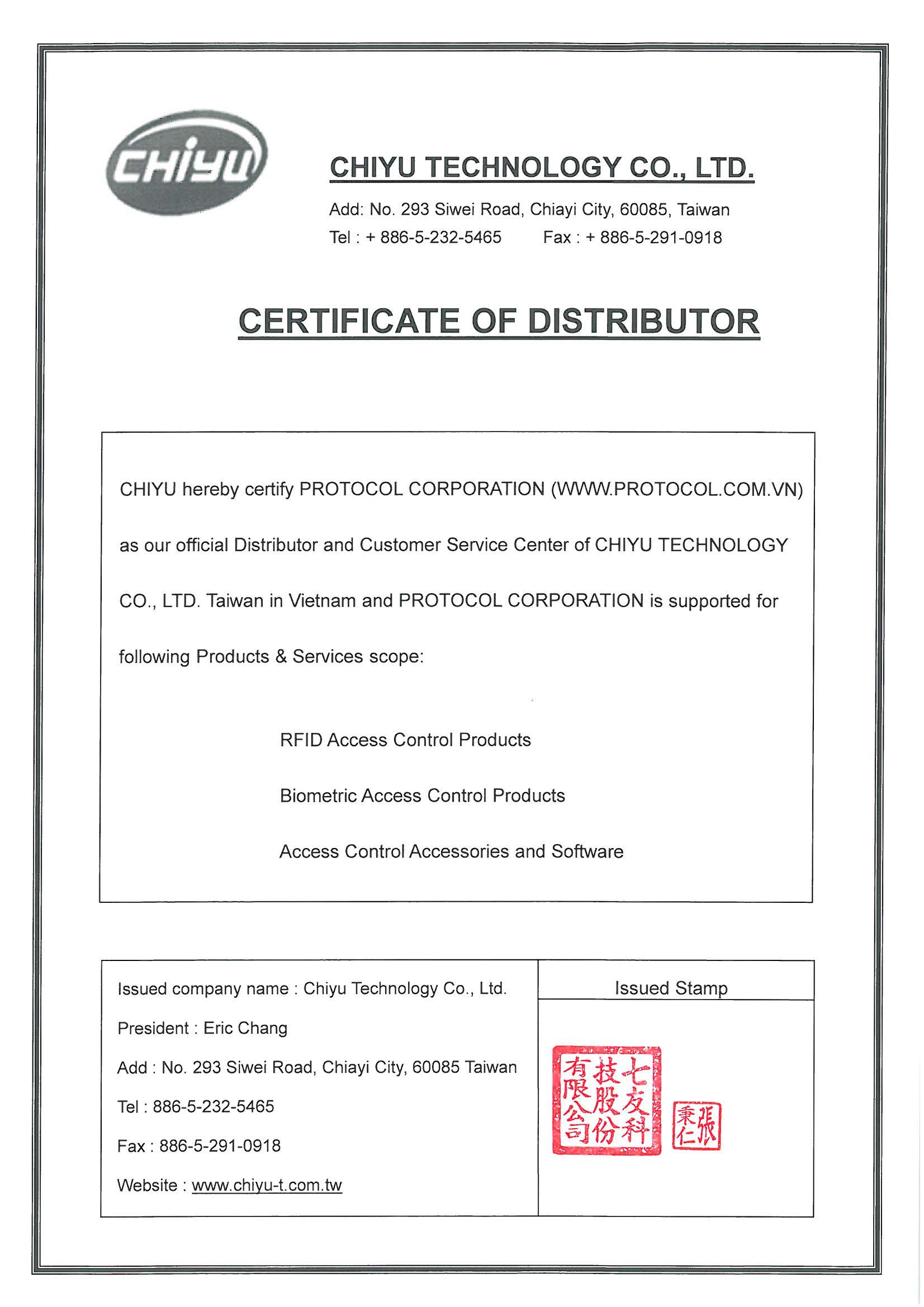 Certification of Distributor 2015 PROTOCOL CORPORATION